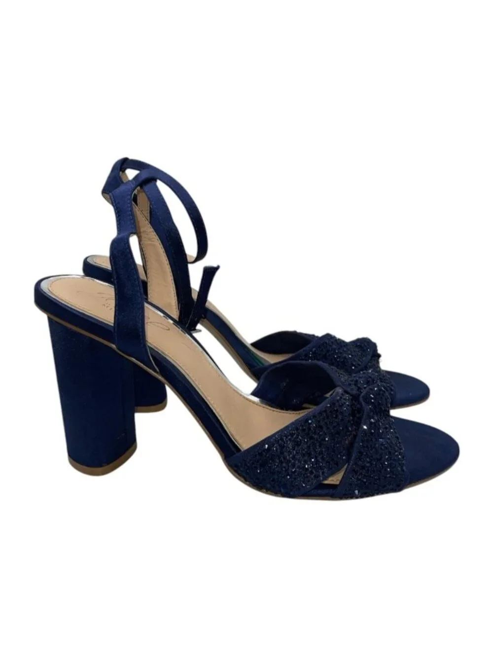 Jewel Badgley Mischka Nicoline Rhinestone Heeled Sandals 8 US Navy Satin